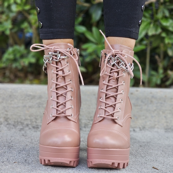 Women's Nude Platform Heel Boots Chunky Ankle Lace Up - Picture 5 of 6